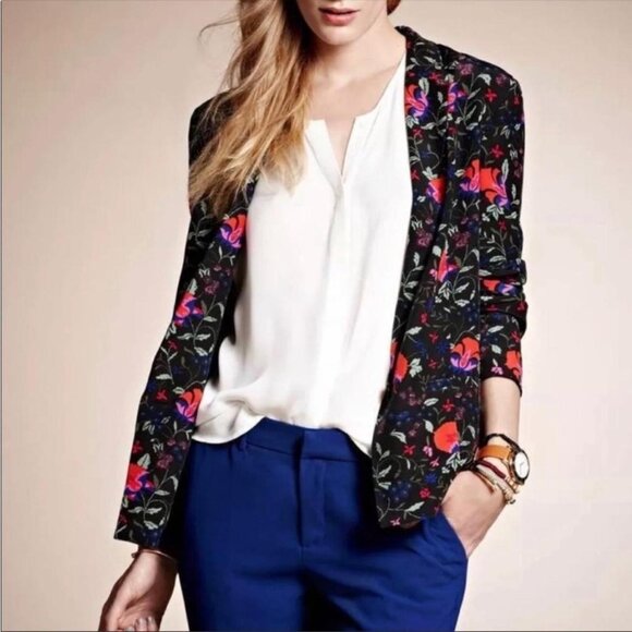 Joie 100% Silk Black Floral Blazer Jacket Size Medium - Picture 1 of 8